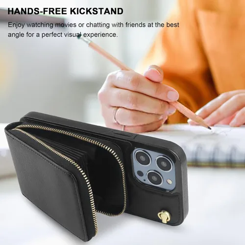 Vista 5 de KIHUWEY Funda tipo cartera cruzada para iPhone 14 Pro Max, funda de bolsillo con cremallera y soporte para tarjetas, funda protectora de piel Negro