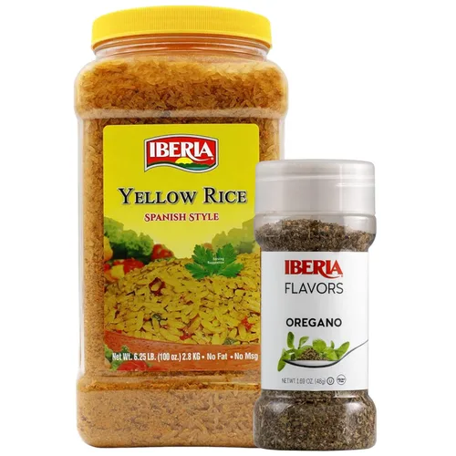 Vista 4 de Iberia Arroz amarillo de 6.25 libras. Arroz sazonado estilo español a granel + condimento multiusos Iberia Adobo, sin pimienta, 16 onzas