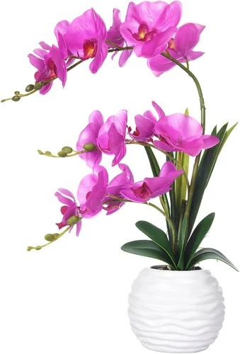 Vista 10 de Flores artificiales de orquídea de tacto real en maceta, flor falsa de Phalaenopsis con jarrón de cerámica blanca, arreglo de orquídeas sintéticas
