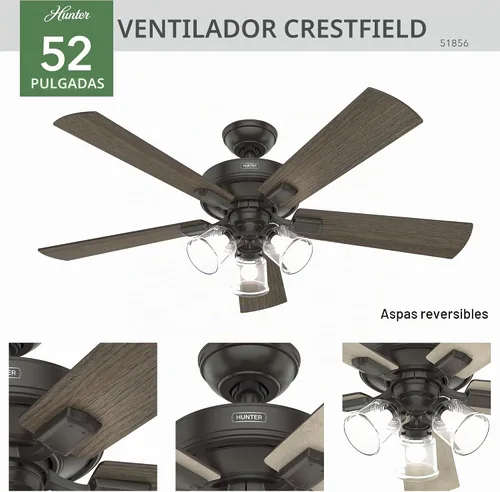 Vista 4 de Hunter Crestfield, ventilador de techo, para interiores, 5 aspas, 52 bronce noble