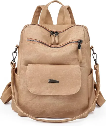 Vista 12 de Mochila de cuero sintético para mujer, diseño multiusos de moda, bolso de mano para damas, bolsa de hombro, mochila de viaje, Beige