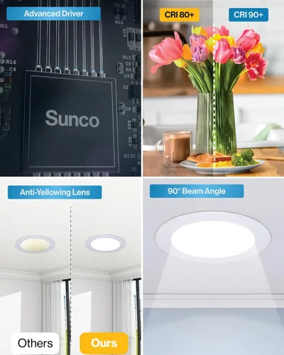 Vista 6 de Sunco- Lighting Paquete de 12 luces de techo LED empotrables ultrafinas, 4 pulg, 2700 K, luz blanca suave, regulable, 10 W=60 W, borde liso