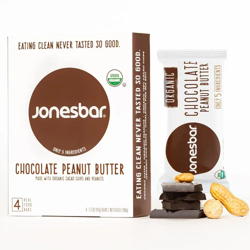 JONESBAR (Mantequilla de cacahuete de chocolate, 4 unidades (paquete de 1)), barra de frutas y nueces orgánica USDA, sin OMG, Kosher, vegana, sin
