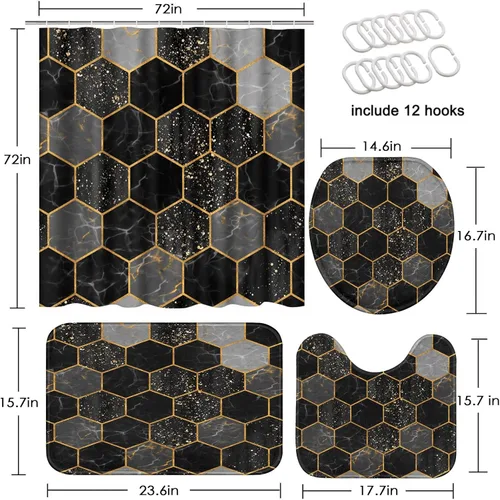Vista 2 de Juego de cortina de ducha de mármol con tapa de inodoro y alfombras antideslizantes, 4 piezas de cortina de ducha hexagonal de oro negro con 12