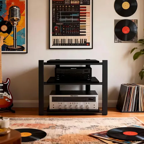 Vista 4 de Av - Estante de audio resistente, soporte para reproductor multimedia con estantes de madera, gabinete de equipo estéreo de CD negro, adecuado