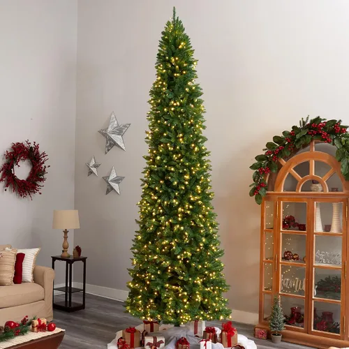Vista 7 de Árbol de Navidad artificial de pino verde delgado de 366 cm de Nearly Natural con 1100 luces LED transparentes y 3235 puntas
