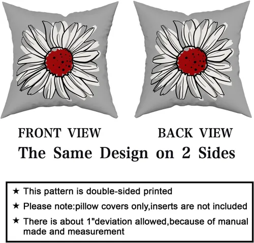 Vista 4 de Juego de 2 fundas de almohada de margaritas color rojo vino de 20 x 20 pulgadas, fundas de almohada florales de primavera y verano, modernas