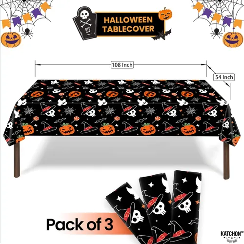 Vista 2 de KatchOn Manteles de Halloween de 54 x 108 pulgadas, paquete de 3 unidades, manteles desechables de plástico para decoraciones de Halloween