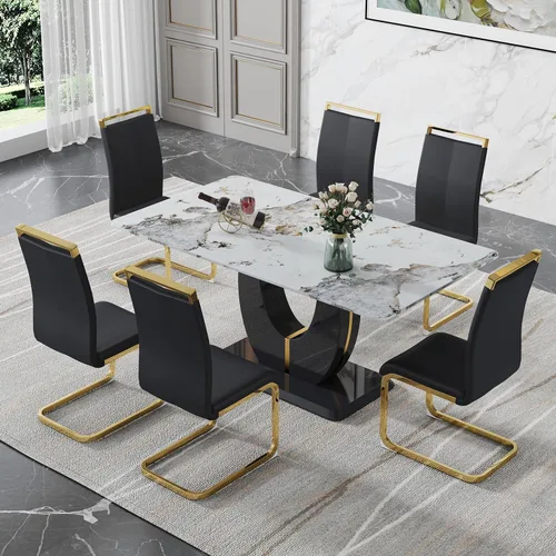 Vista 67 de JUFU Juego de mesa de comedor moderno para 4, juego de mesa de cocina rectangular de 63 pulgadas con mesa de mármol sintético y 4 sillas tapizadas