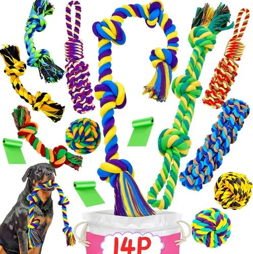 Vista 13 de SHARLOVY Juguetes para perros para masticadores agresivos, bolas de perro para razas grandes, juguetes masticables de cuerda de algodón resistente