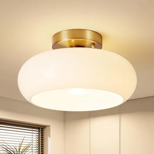 Vista 11 de Lámpara de techo semiempotrada, moderna de mediados de siglo con pantalla de vidrio de leche, lámpara de techo vintage de 8.66 pulgadas