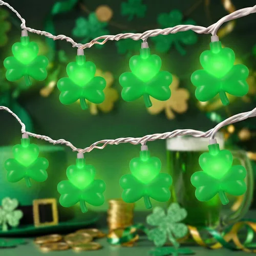 Guirnalda de luces de trébol, 8.5 pies para decoración del día de San Patricio con 10 luces de trébol verde, luces de hadas de trébol conectables