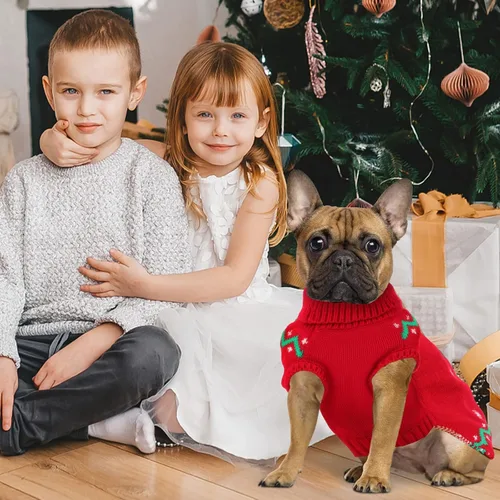 Vista 5 de Suéter navideño de cuello alto para perro, suéter de invierno de renos y copos de nieve con agujero para la correa, suéter de punto para cachorros