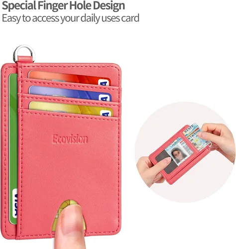 Vista 6 de EcoVision Cartera delgada minimalista con bolsillo frontal bloqueo RFID tarjetero con grillete en D desmontable para hombres y mujeres