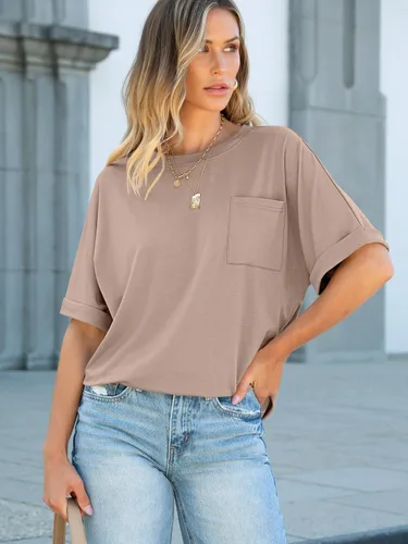 Vista 5 de ANRABESS - Camiseta de manga corta para mujer, estilo oversized, casual, suelta, básica, para verano, con bolsillo Caqui