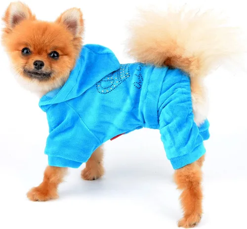 Vista 7 de SMALLLEE_LUCKY_STORE Ropa para mascotas para perros pequeños y gatos, mono con capucha de terciopelo suave con corona, abrigo, pijama, chándal, Azul