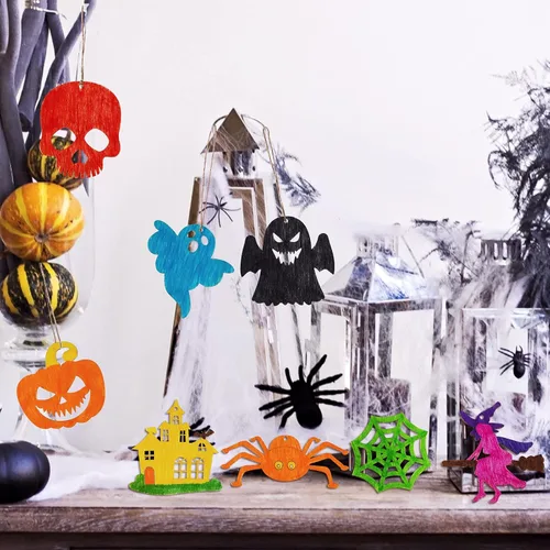 Vista 6 de Max Fun 60 piezas de manualidades de Halloween, pintura de rebanadas de madera, adornos de bricolaje de madera natural preperforada sin terminar