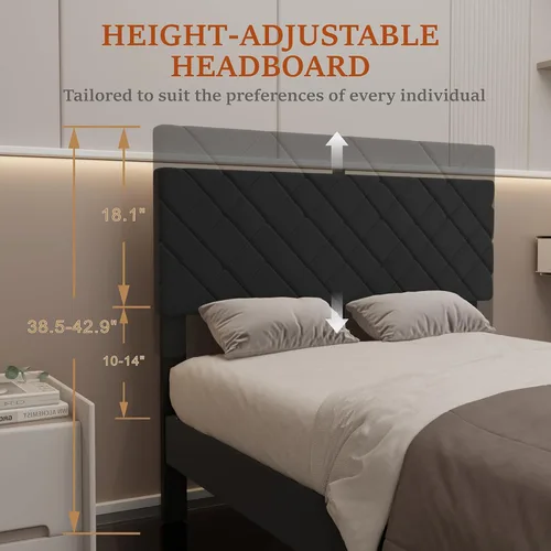 Vista 6 de Base de cama de tamaño individual con cabecera ajustable, plataforma tapizada de terciopelo, marcos de cama individual con fuerte soporte
