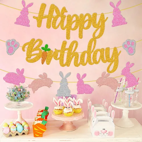 Vista 4 de Cartel de cumpleaños de conejo, decoraciones de fiesta de cumpleaños, orejas de conejo, zanahoria, día de Pascua, tema para niños y niñas