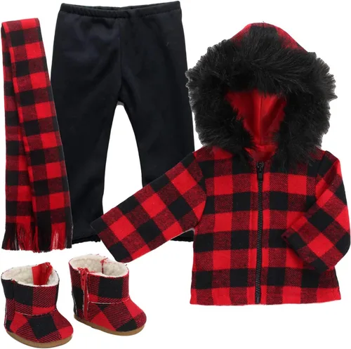 Sophia's Abrigo recortado de piel de búfalo de 18 pulgadas, bufanda a cuadros, leggings y botas a cuadros