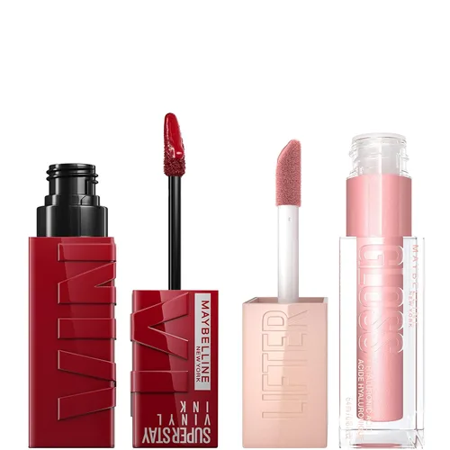 Maybelline Super Stay Vinyl Ink Liquid Lipstick + Lifter Gloss Makeup Bundle, incluye 1 lápiz labial rojo en Lippy y 1 brillo labial rosa en ópalo