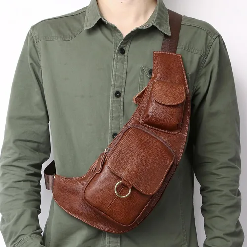 Vista 6 de KPYWZER Mochila de cuero vintage para hombre, mochila cruzada al hombro en el pecho