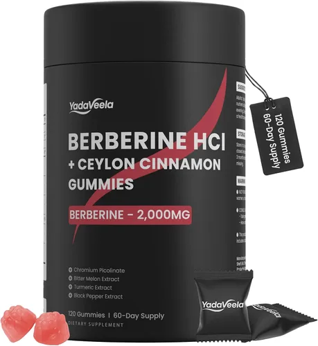 Suplemento de gomitas de berberina HCl de 2000 mg, berberina de alta potencia con canela de Ceilán, cromo y melón amargo para mujeres y hombres,
