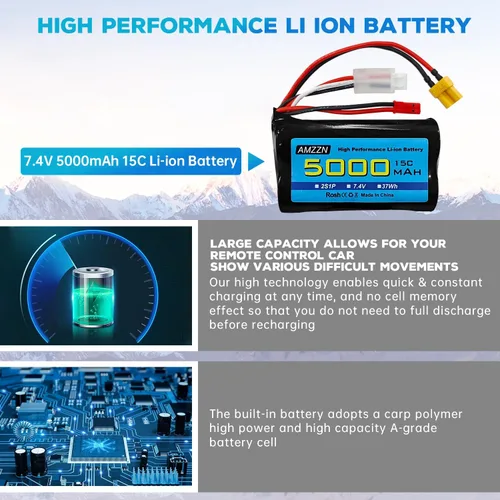 Vista 5 de Batería de iones de litio de 7.4V 5000mAh 2S con enchufe JST y enchufe XT30 con cable de carga USB para control remoto TX16S, TX18S, RC4GS, RC6GS