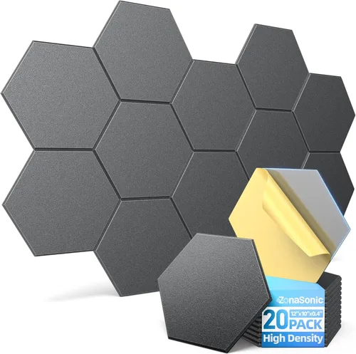 Vista 20 de Paquete de 12 paneles acústicos hexagonales con autoadhesivos, paneles de espuma a prueba de sonido de 12 x 10 x 0.4 pulgadas para paredes, paneles