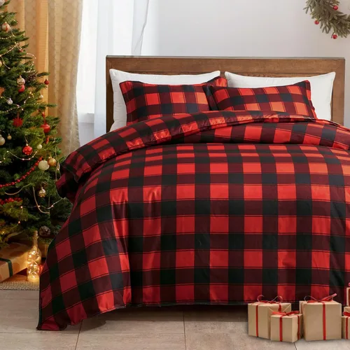 UOZZI BEDDING Juego de funda de edredón de 3 piezas de Navidad rojo y negro a cuadros, tamaño Queen, 800 hilos con cierre de cremallera, 4 lazos en