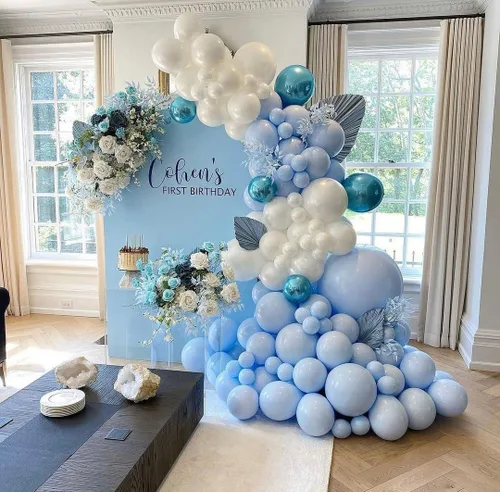 Vista 5 de Kit de Arco de Globos Azul y Blanco ADOINBY, 140 Piezas Kit de Guirnalda de Globos Pastel Azul Claro y Blanco, Globos de Diferentes Tamaños de 18 12