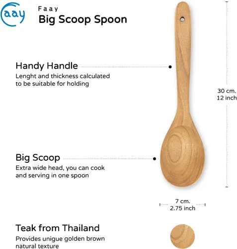 Vista 2 de FAAY Cuchara grande de 12 pulgadas, cabeza ancha, fácil para cocinar y servir. Hecho a mano de madera de teca dorada de alta resistencia a