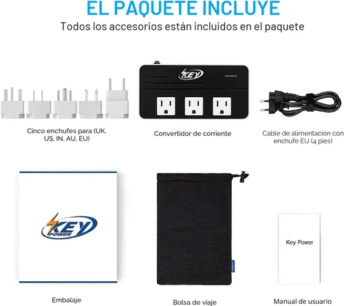 Vista 8 de Key Power Convertidor de voltaje reductor de 220 V a 110 V de 230 vatios y adaptador de viaje internacional/convertidor de corriente con puerto