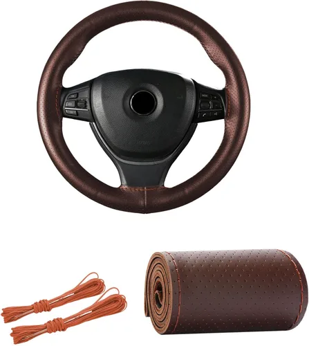 Vista 14 de Kewucn Funda de cuero genuino para volante, protector universal de 15 pulgadas para volante de automóvil con hilo de aguja, funda transpirable Beige