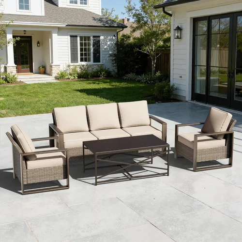 Vista 60 de Sofá de Mimbre Metálico para Patio de 75", Sofá Sillón de Ratán para Exteriores de 3 Asientos para Todo Tipo de Clima con Cojines Premium