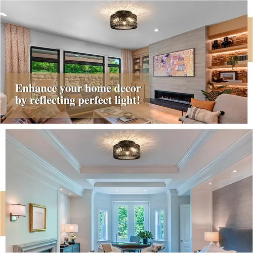 Vista 6 de Lámparas de Techo de Ratán para Montaje, Lámpara de Techo Empotrada Boho de 3 Luces, Iluminación de Lámpara con Pantalla de Jaula Tejida a Mano