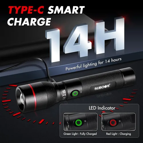 Vista 5 de SUBOOS Linterna recargable LED X50 Pro, súper brillante 15000 Lux, larga duración, USB-C, compacta, resistente, 5 modos tácticos, rango de 820.2 ft