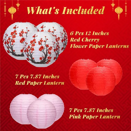 Vista 3 de 20 linternas japonesas chinas decorativas, incluye 6 flores de cerezo, 14 faroles rojos chinos de 12 pulgadas, decoración del hogar para Año Nuevo