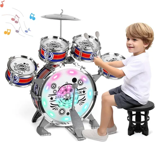 Juego de batería para niños pequeños de 1 a 3 años, 5 piezas de tambor de jazz con taburete y platillo, instrumentos musicales iluminados, juguetes