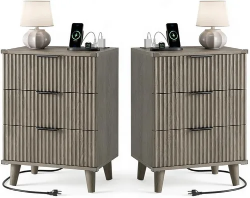 Vista 28 de Lulive Moderno juego de tocador y mesita de noche de 3 piezas, cómoda de 6 cajones + 2 mesitas de noche con patas de madera maciza (roble natural)