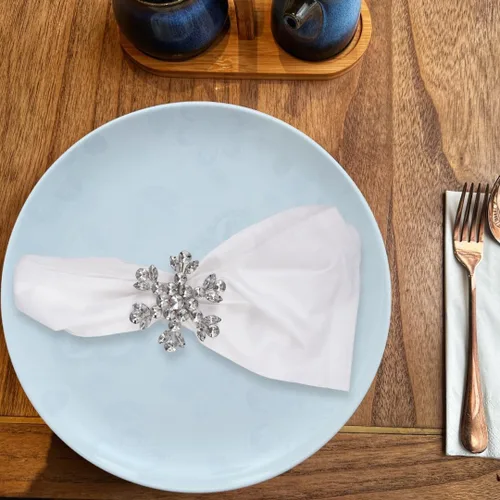 Vista 5 de Juego de 6 servilleteros con cuentas de plástico con diseño de copo de nieve, hermosa y elegante decoración de mesa de invierno para Navidad, bodas