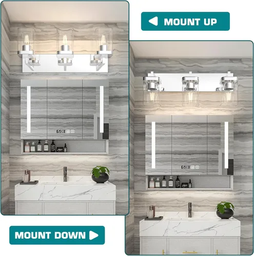 Vista 3 de Lámpara de tocador de baño cromada, accesorios de iluminación de tocador modernos de 3 luces con diseño cuadrado sobre espejo, accesorios