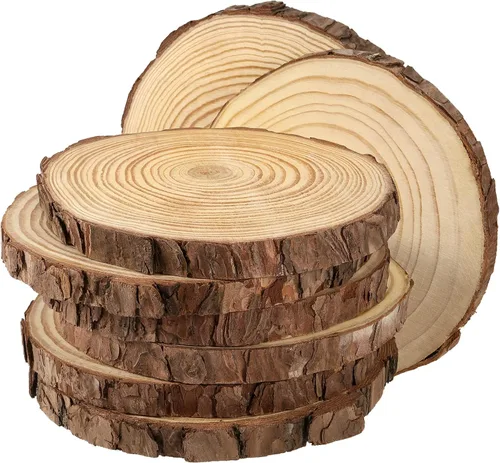 Vista 12 de JEUIHAU 6 piezas de rebanadas de madera natural sin terminar de 8 a 10 pulgadas, discos redondos de madera para corteza de árbol, círculos de madera