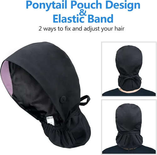 Vista 6 de Gorra médica con forro de satén con bolsillo para cola de caballo, gorro de enfermera médica de algodón con banda elástica para el sudor