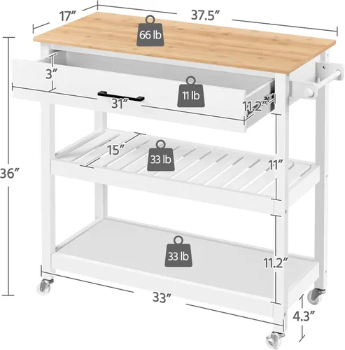 Vista 3 de Yaheetech Carrito de isla de cocina con ruedas con mesa de bambú, carrito de microondas de 3 niveles con cajón para isla de cocina, toalla