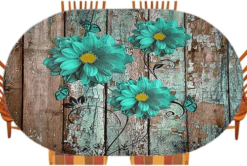 Vista 10 de Mantel ajustable elástico ovalado rústico de granja, flores de girasol en la madera de un granero rural, para decoración de mesa de cocina, comedor