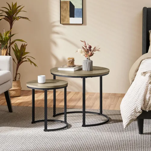 Vista 9 de Yaheetech Juego de 2 mesas auxiliares anidables, mesas auxiliares apilables rústicas, juego de mesa auxiliar anidable con mesa redonda de madera