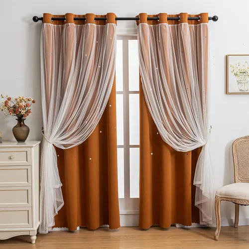 Vista 19 de indistar Cortinas opacas con recortes de estrellas para dormitorio de niña, cortinas de oscurecimiento para habitación de bebé, cortinas para Negro