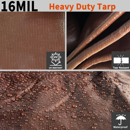 Vista 2 de Lonas resistentes impermeables de 8 x 10 pies, lonas de polietileno de 16 mil con ojales, resistentes a los rayos UV, lona multiusos marrón