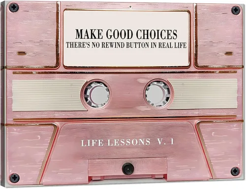 MAMAGO Arte de pared de casete de música vintage con palabras motivacionales para hacer buenas elecciones, no hay botón de rebobinado en la vida